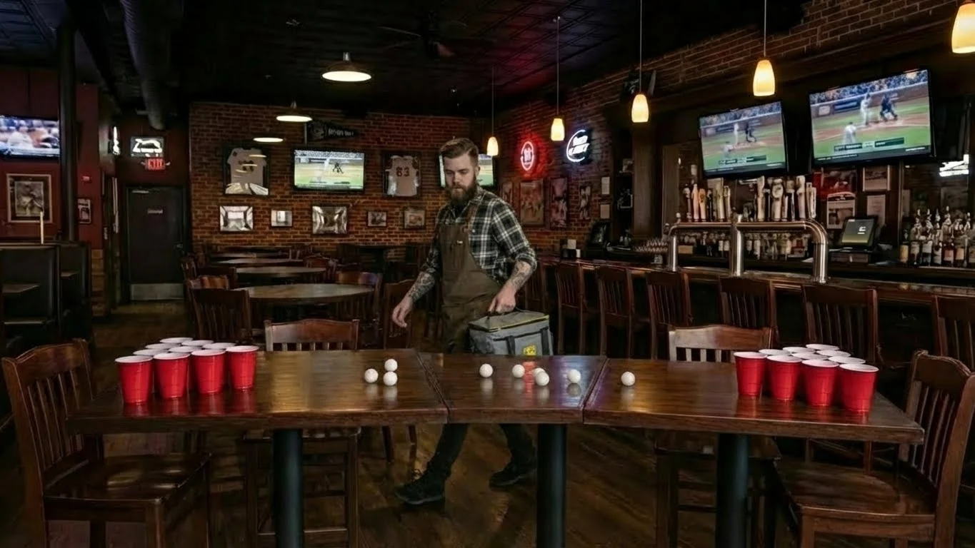 Setting up a table with cups for a game