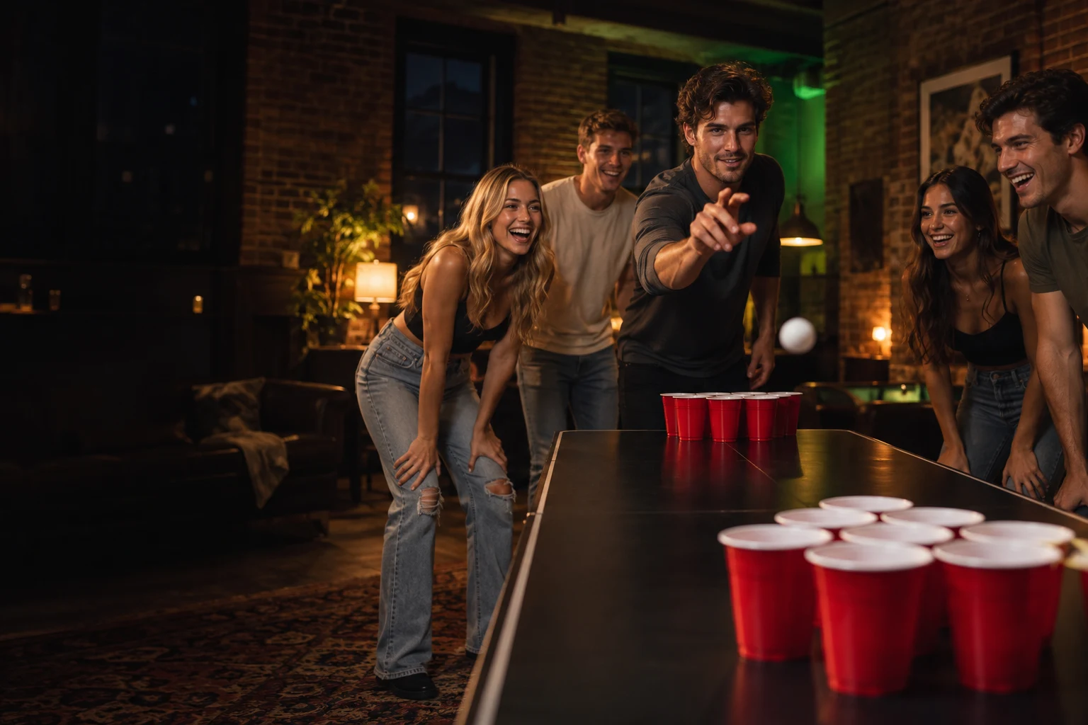 Illustrative scene of adults playing cup pong at a chapter game night