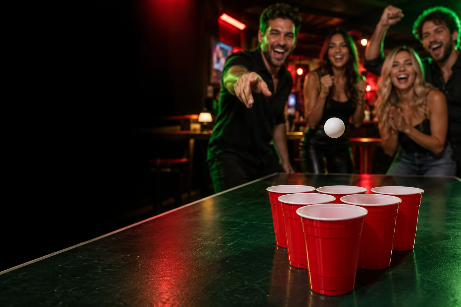 Illustrative bar game night with adult cup pong players