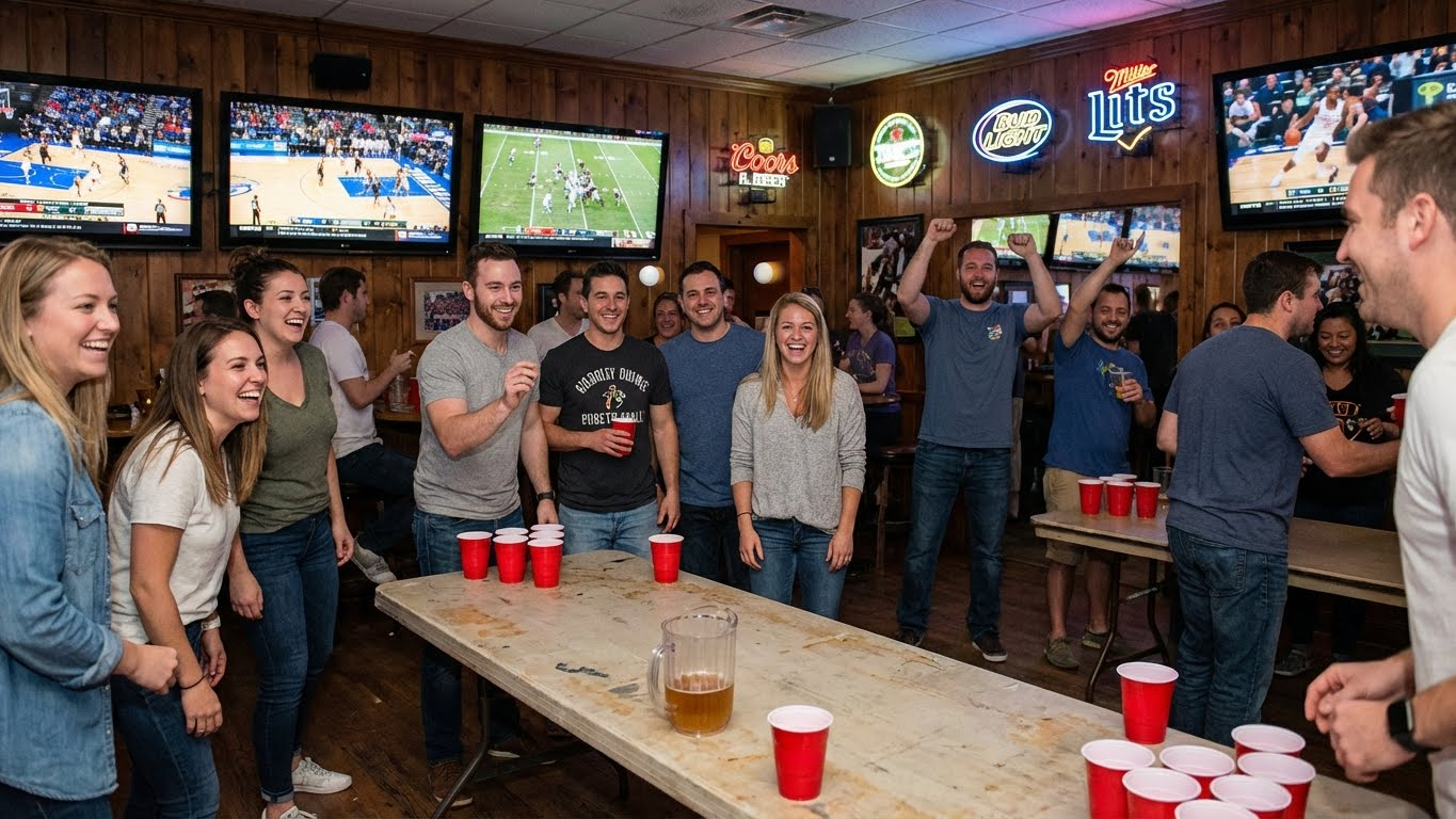 Group playing beer pong