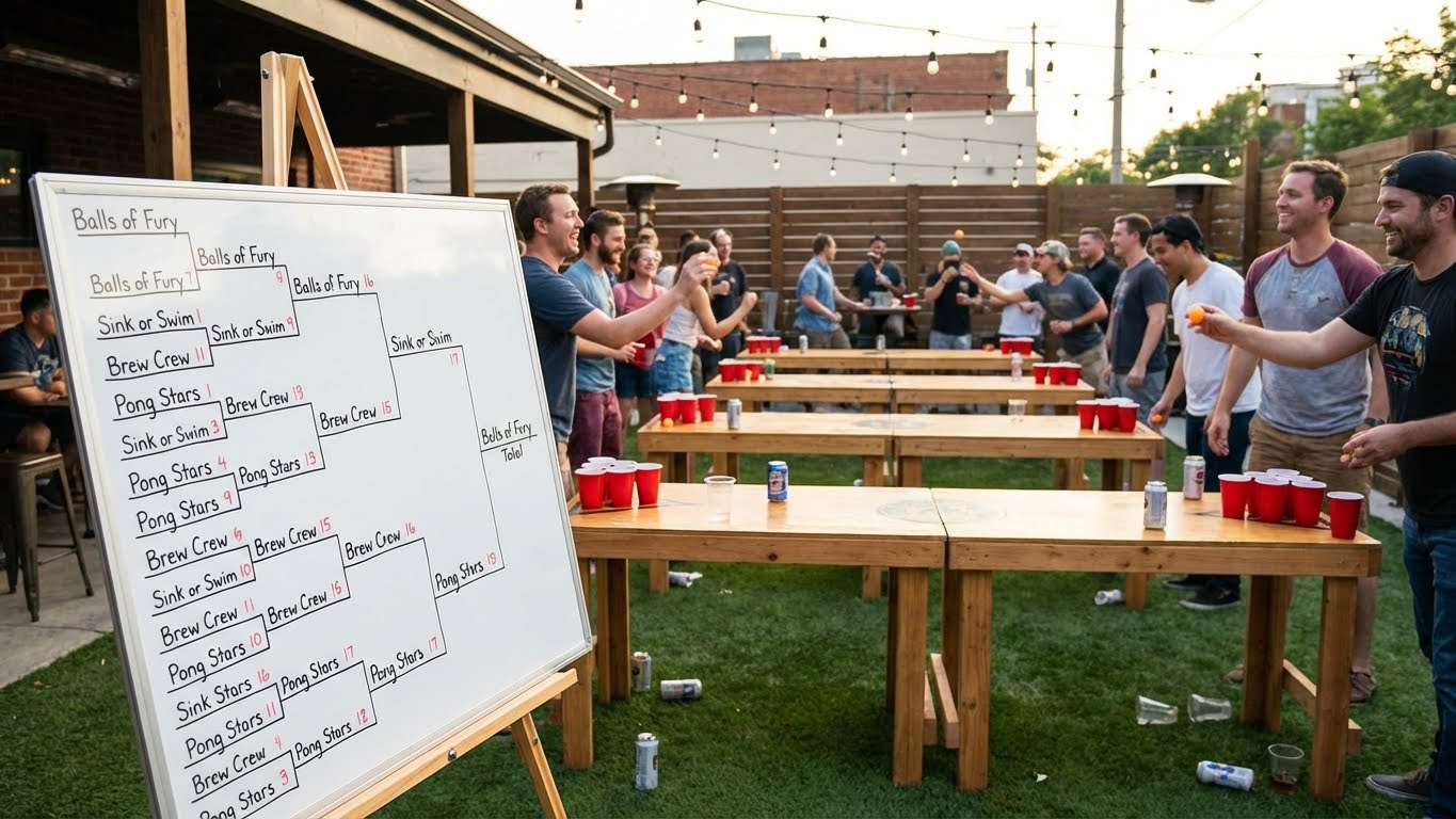 Multiple beer pong tables running